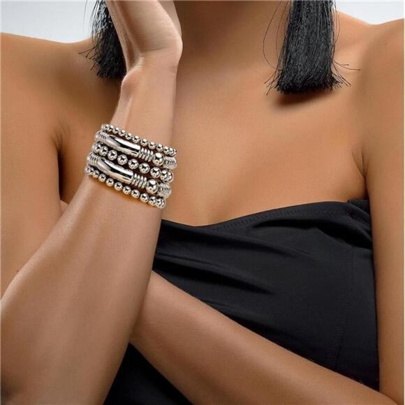 5 Silver Bangles Bracelet for Women Chunky Curved Stacking Beads Bangle type - Picture 5 of 5